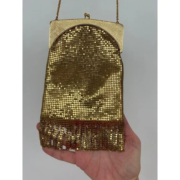 Vintage Whiting & Davis Gold Mesh Evening Purse Hinged Frame Clutch With Fringe - Picture 3 of 11